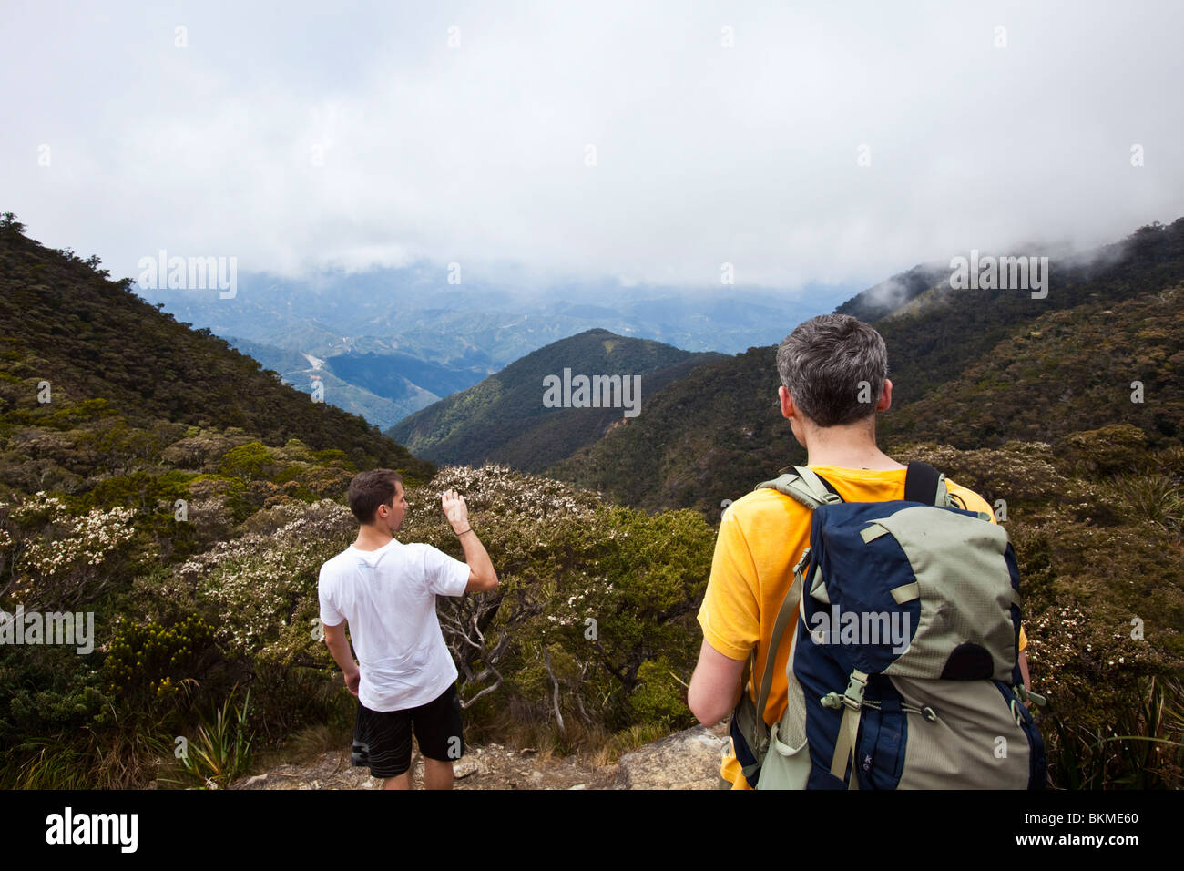Les randonneurs donnent sur Parc National de Kinabalu de la Mt Kinabalu sentier du sommet. Parc National de Kinabalu, Sabah, Bornéo, Malaisie. Banque D'Images