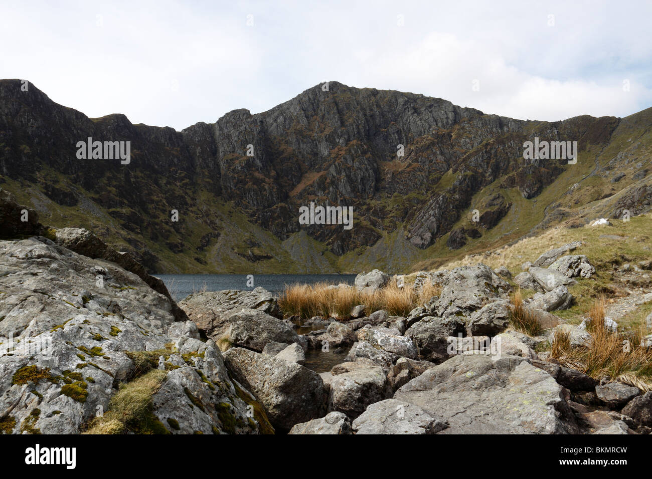 Le lac de Llyn Cau niché sous les grandes falaises de Craig Cau sur la montagne de Cadair Idris dans le Nord du Pays de Galles, Snowdonia Banque D'Images
