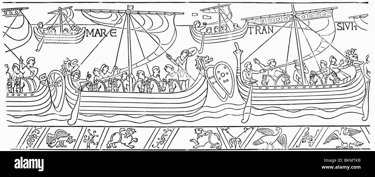 Guillaume le Conquérant la voile pour l'Angleterre en 1066. À partir de la Tapisserie de Bayeux. Banque D'Images