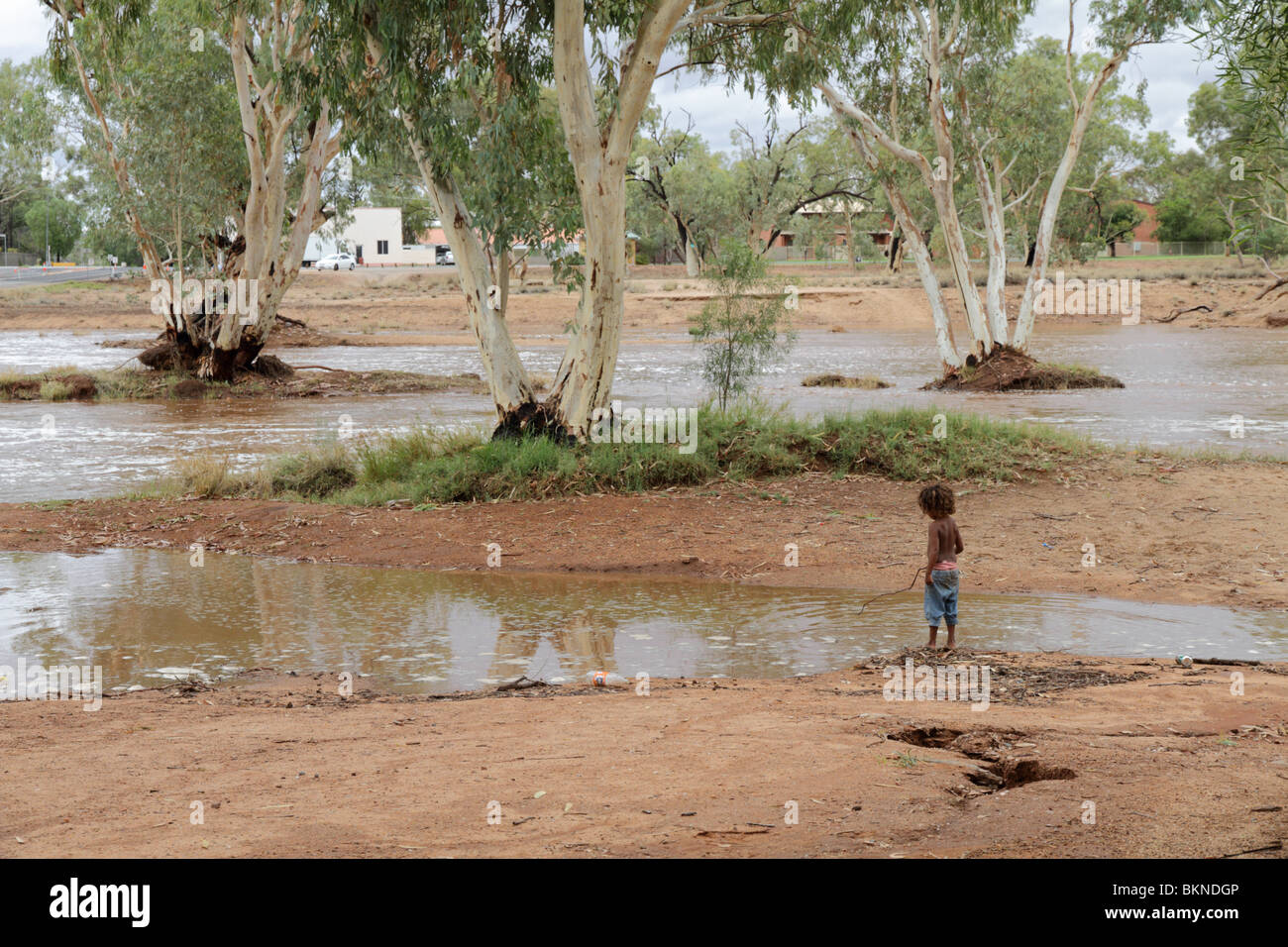 Petit garçon regarde les autochtones a inondé la rivière Todd à Alice Springs, Australie centrale Banque D'Images