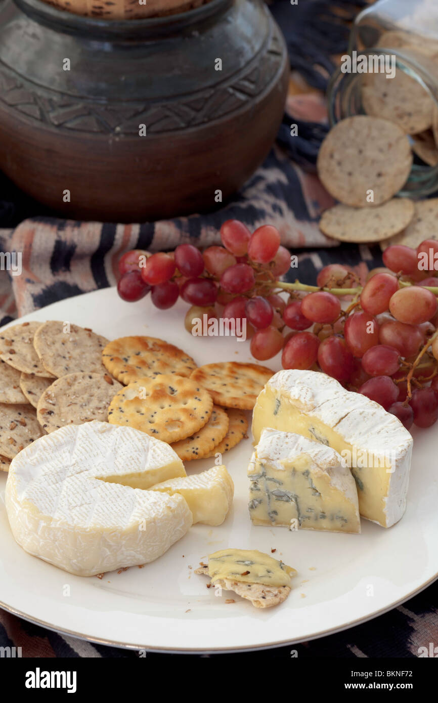 Blue & Camembert fromage Brie, craquelins et raisins rouges. Banque D'Images