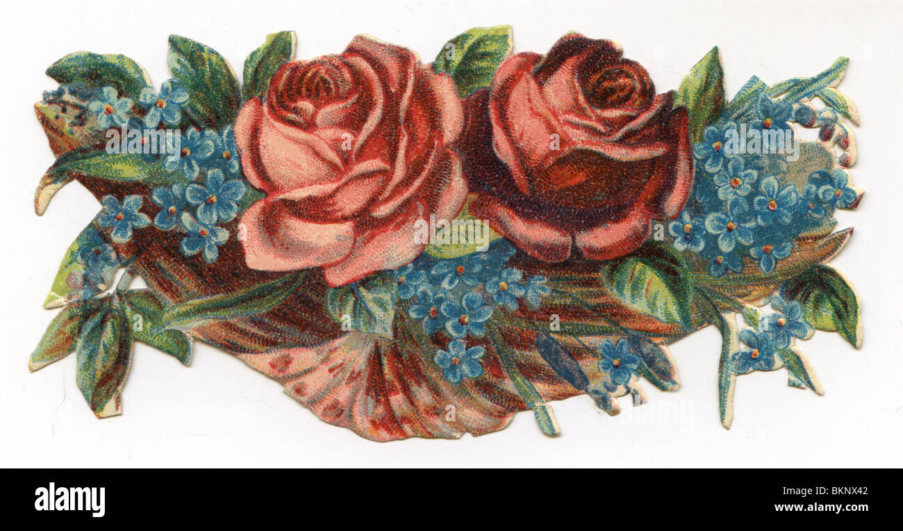 Roses rouges et forget-me-nots dans un panier Banque D'Images