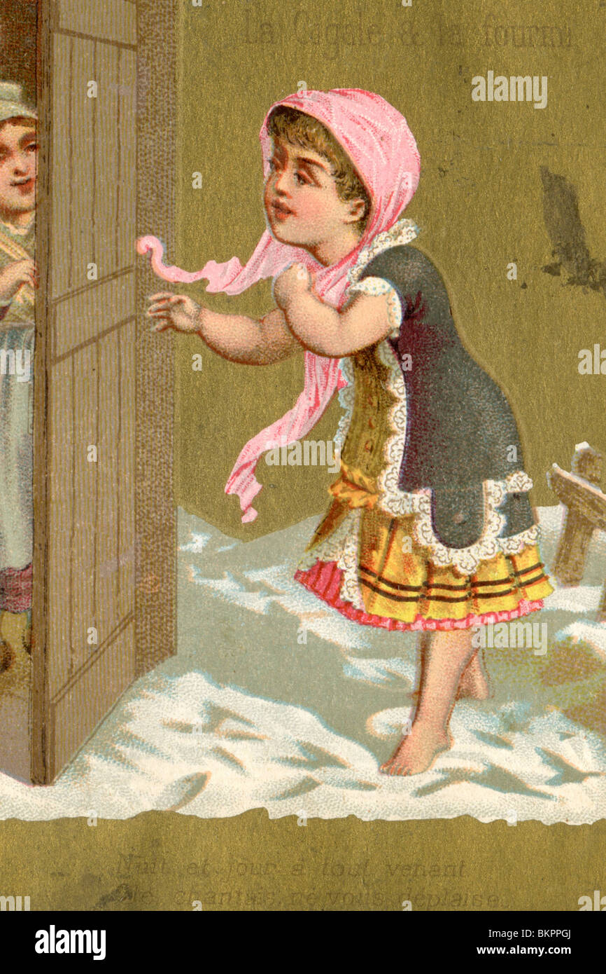 Jeune fille frappe à la porte en bois le Grand Photo Stock - Alamy