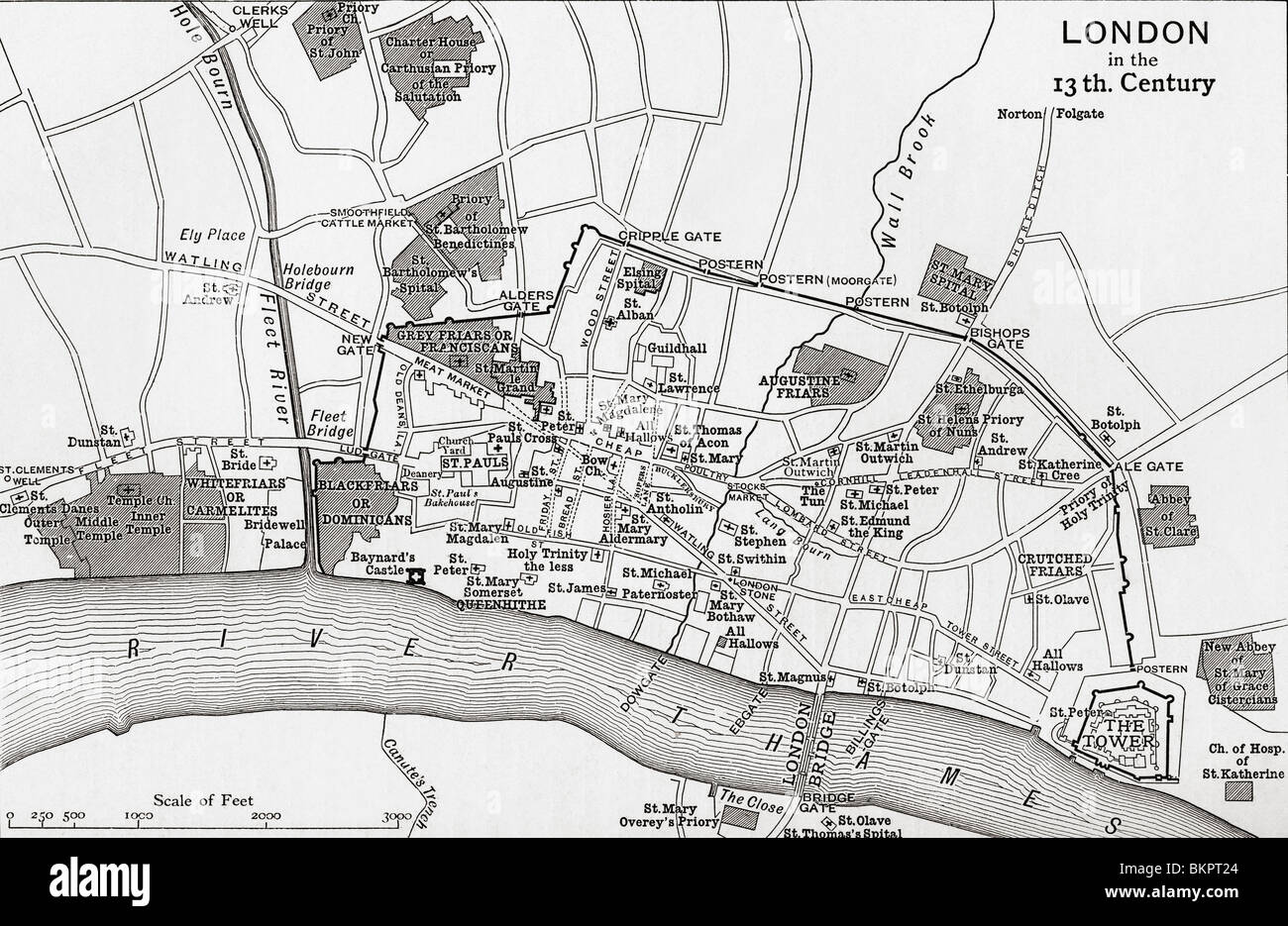 Plan de Londres, en Angleterre au 13e siècle. Banque D'Images