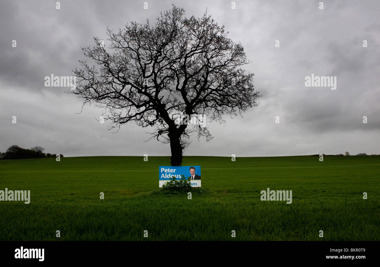 Champ de rêves. Sous un ciel de plomb dans un champ de Suffolk une affiche pour Peter Aldous PPC pour les conservateurs se trouve légèrement forlor Banque D'Images