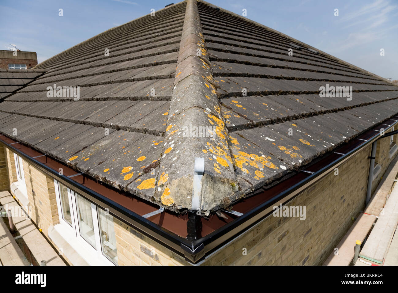 Coin de toits et gouttières gutter / toit et ridge tile/tuile : Twickenham. UK. Banque D'Images