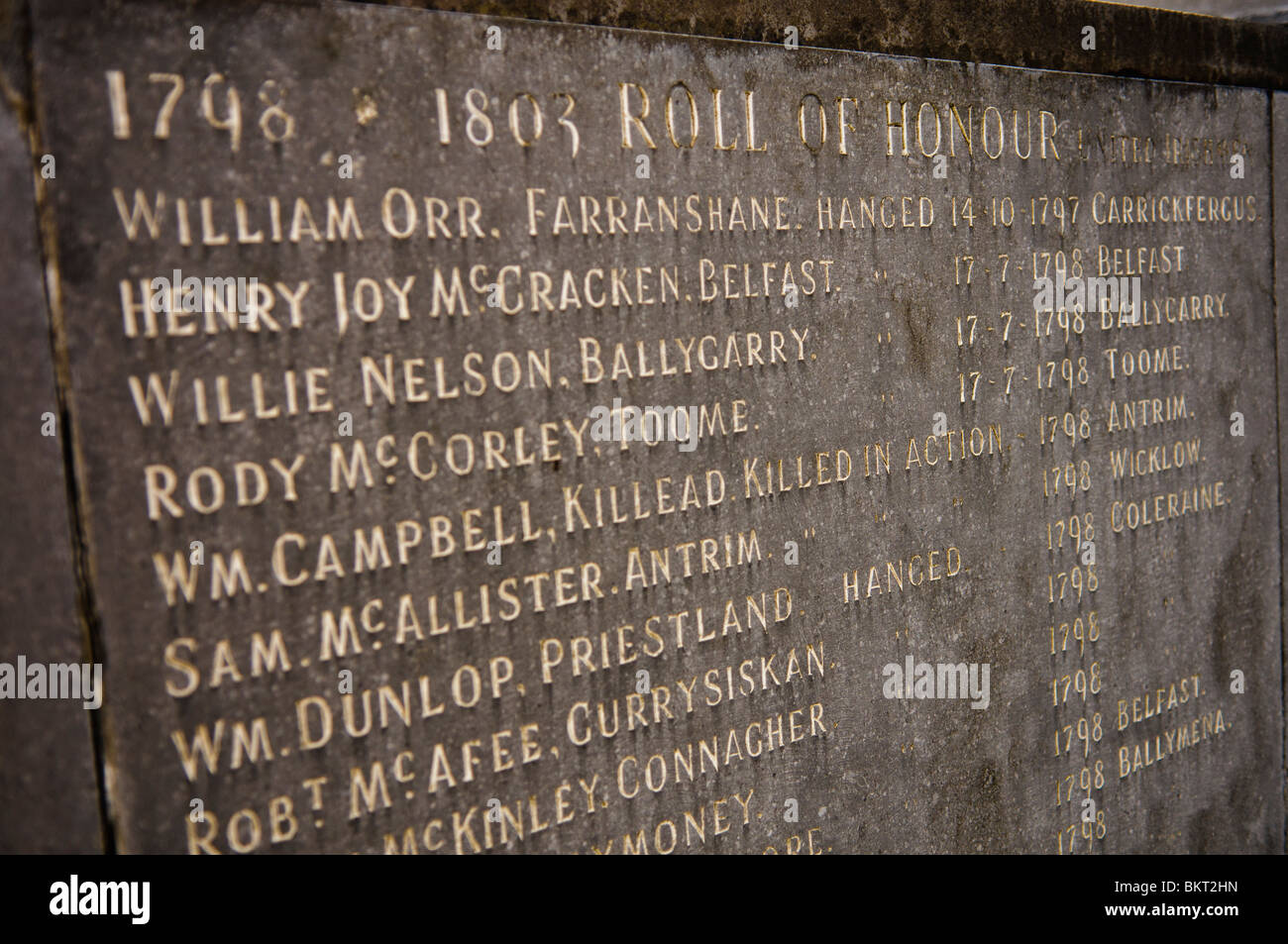 Tableau d'honneur des morts de la Républicaine Irlandaise United Irishmen, 1798-1803 dont William Orr et Henry Joy McCracken. Banque D'Images