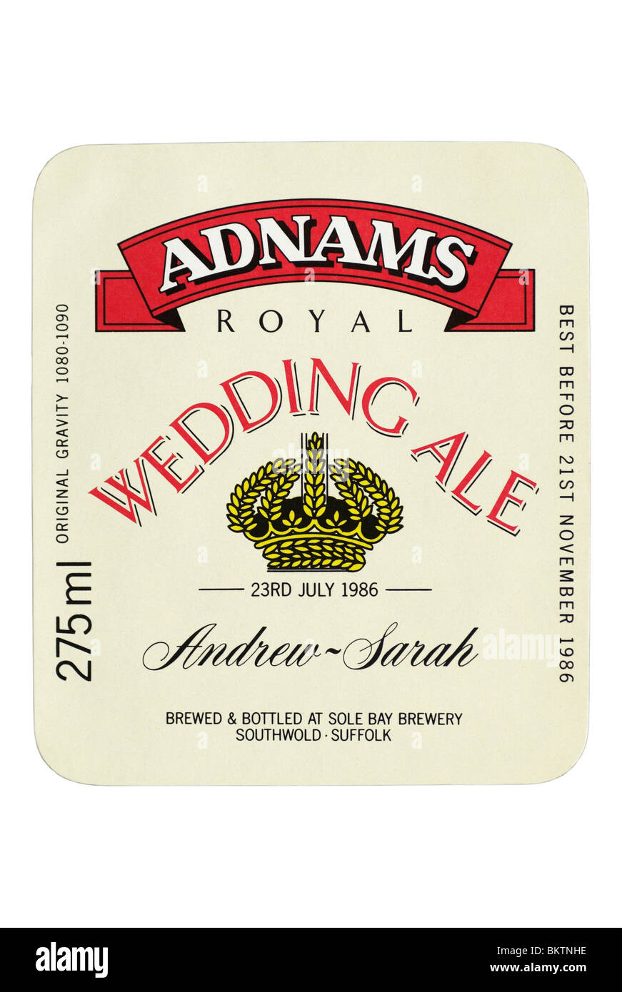 Adnams Mariage Royal Ale l'étiquette du flacon - 1986. Banque D'Images