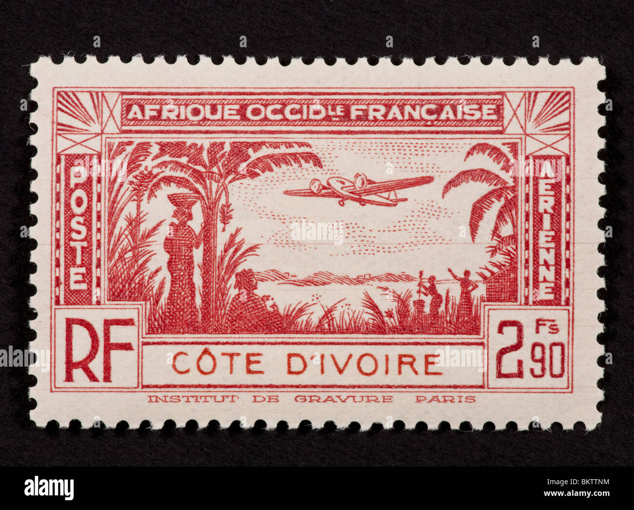 Timbreposte de la Côte d'Ivoire représentant et d'avion, le paysage et