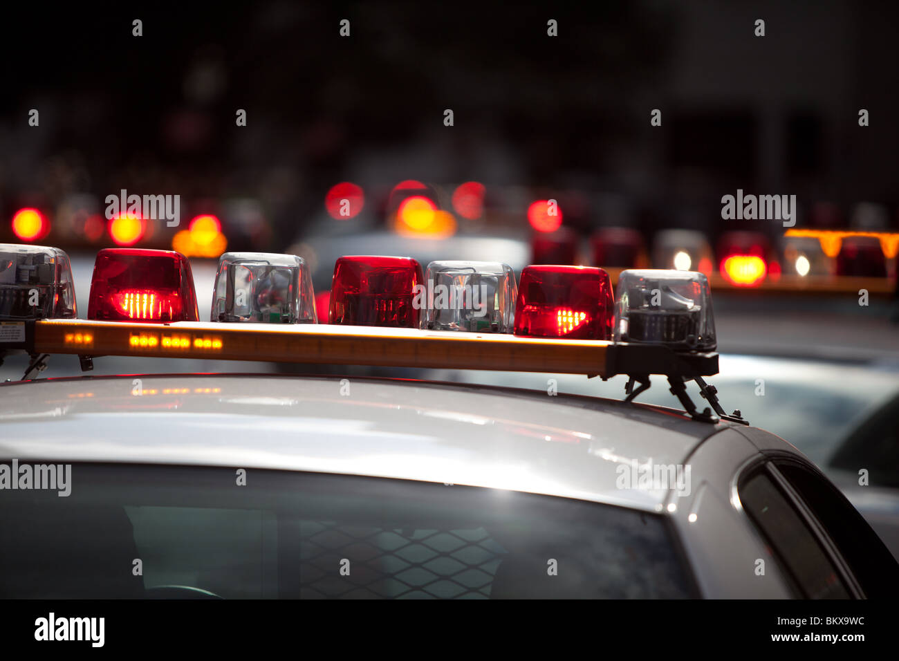 Feux d'un grand groupe de voitures de police de la ville de New York Banque D'Images