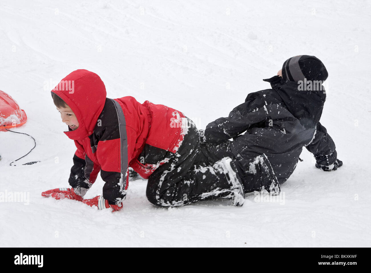 Les enfants en bas de pente courte de traîneau en hiver, South Lake Tahoe, California, USA. Ici les garçons prendre eux-mêmes en place après un crash. Banque D'Images