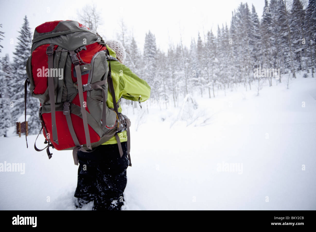 Une jeune femme avec un sac à dos dans la poudreuse fraîche dans les monts Wasatch Mountains, dans l'Utah. Banque D'Images