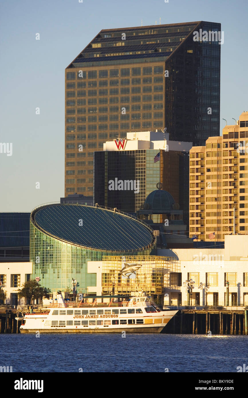 Vue sur le Mississippi, l'aquarium et le centre-ville de La Nouvelle Orléans, Louisiane, USA Banque D'Images
