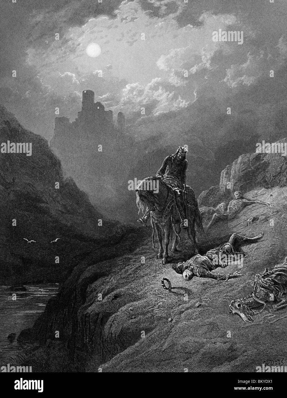 Le Roi Arthur à la découverte de squelettes de frères, par Gustave Dore, d'idylles du Roi, (1832-1883) Banque D'Images