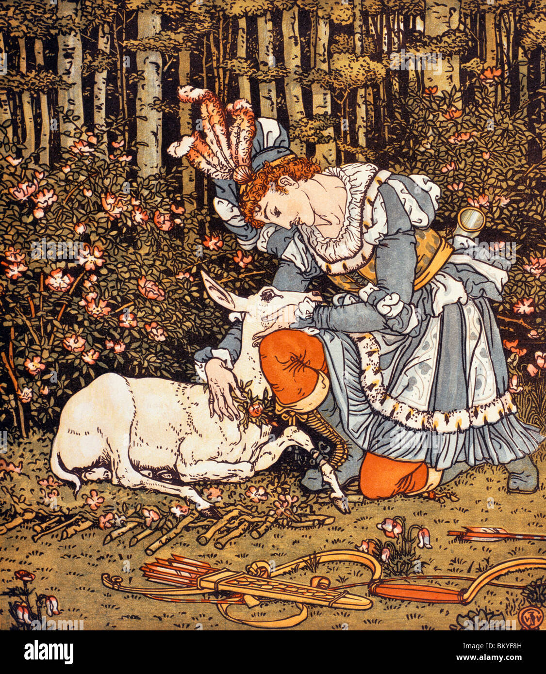 Prince avec le cerf, de la patte postérieure dans le bois, par Walter Crane, (1845-1915), Etats-Unis, Illinois, Chicago, Newberry Library Banque D'Images