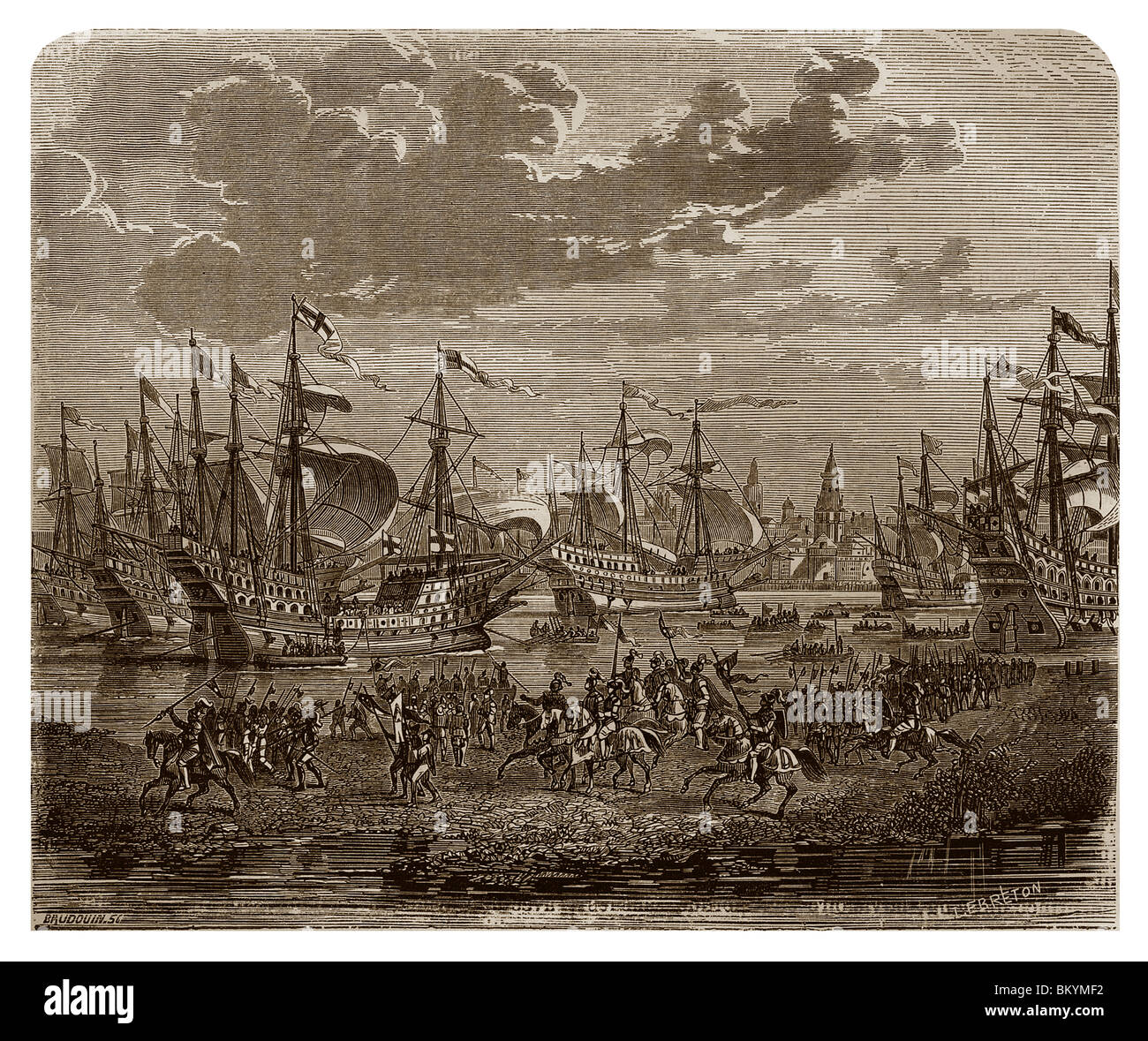 En 1544, l'ascendance de l'armée anglaise d'Henri VIII d'Angleterre à Calais pour aller au siège de Boulogne. Banque D'Images