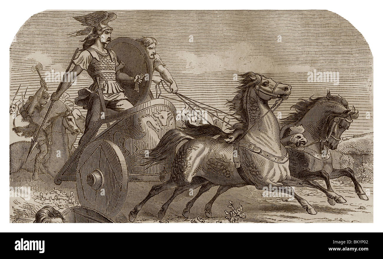 Dans les batailles, les Gaulois utilisé les citernes avec deux chevaux transportant un conducteur et un guerrier armé d'un grand bouclier et un casque de bronze. Banque D'Images