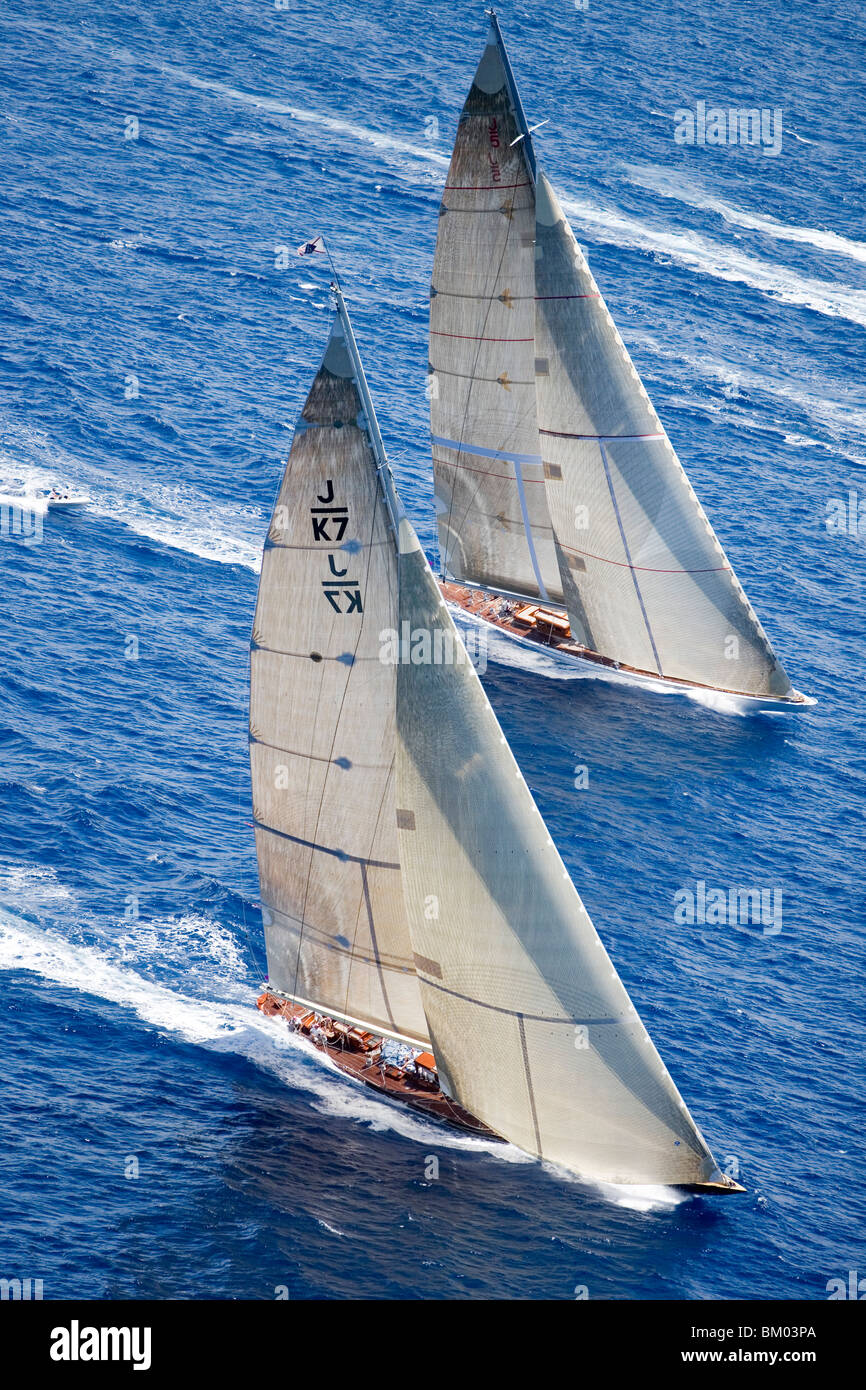 Photo aérienne de classe J Velsheda, Cutters et Ranger, Antigua Classic Yacht Regatta, Antigua Banque D'Images