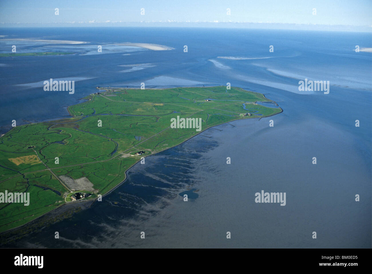 Photo aérienne de l'île, Nordmarsch-Langeness Etat fédéral de Schleswig-Holstein, Mer du Nord, le nord de l'Allemagne Banque D'Images