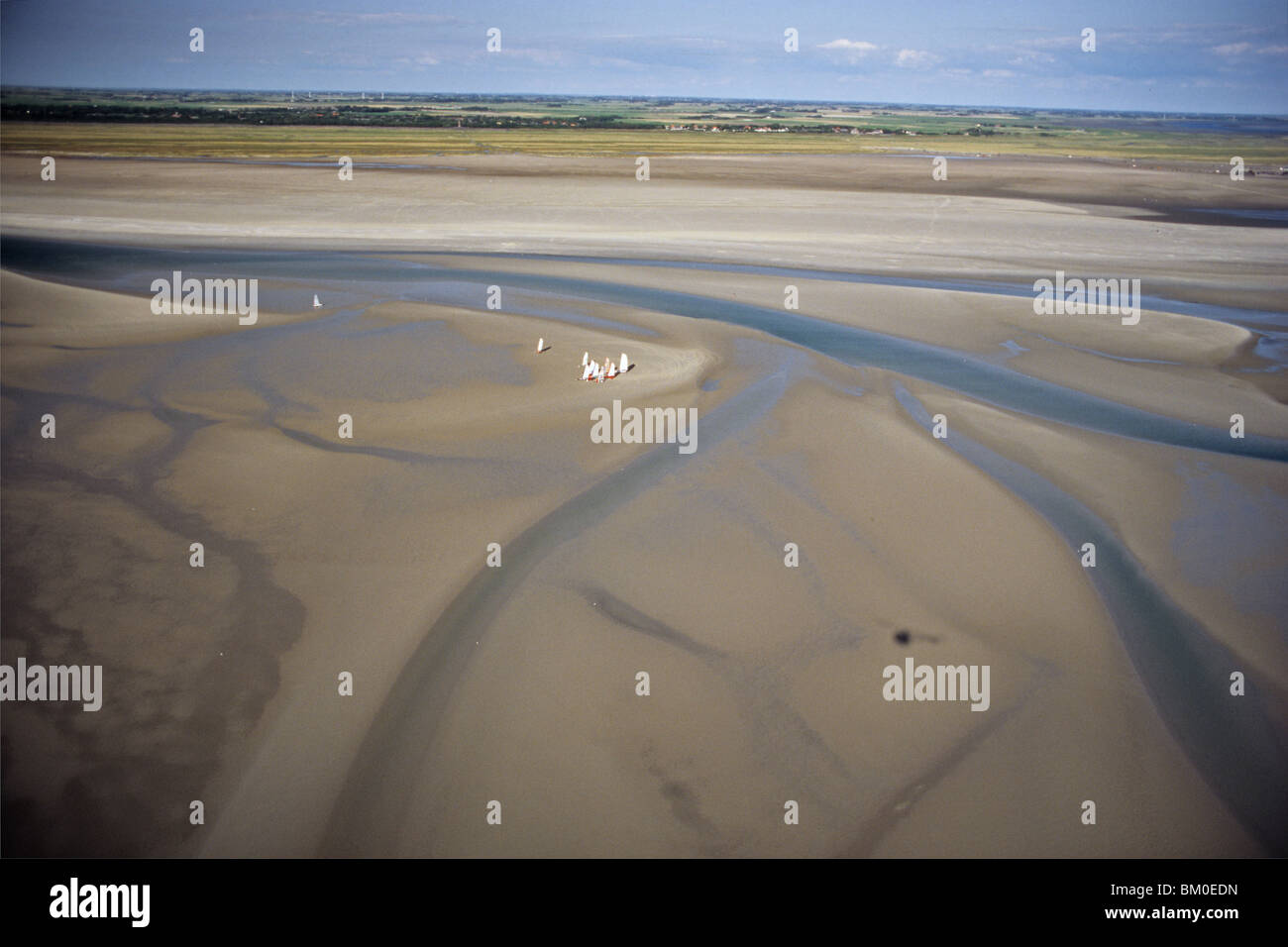 Photo aérienne, marée basse, char à voiles, banc de sable, vasières, sandflat, mer des Wadden, mer du Nord, Schleswig Holstein, Allemagne du nord Banque D'Images