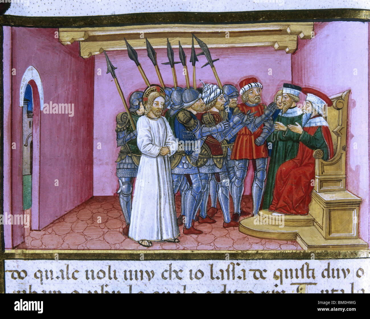 Jésus devant Pilate qui essaie de convaincre les juifs pour définir le libérer. Le Codex de Predis (1476). Bibliothèque royale. Turin. L'Italie. Banque D'Images