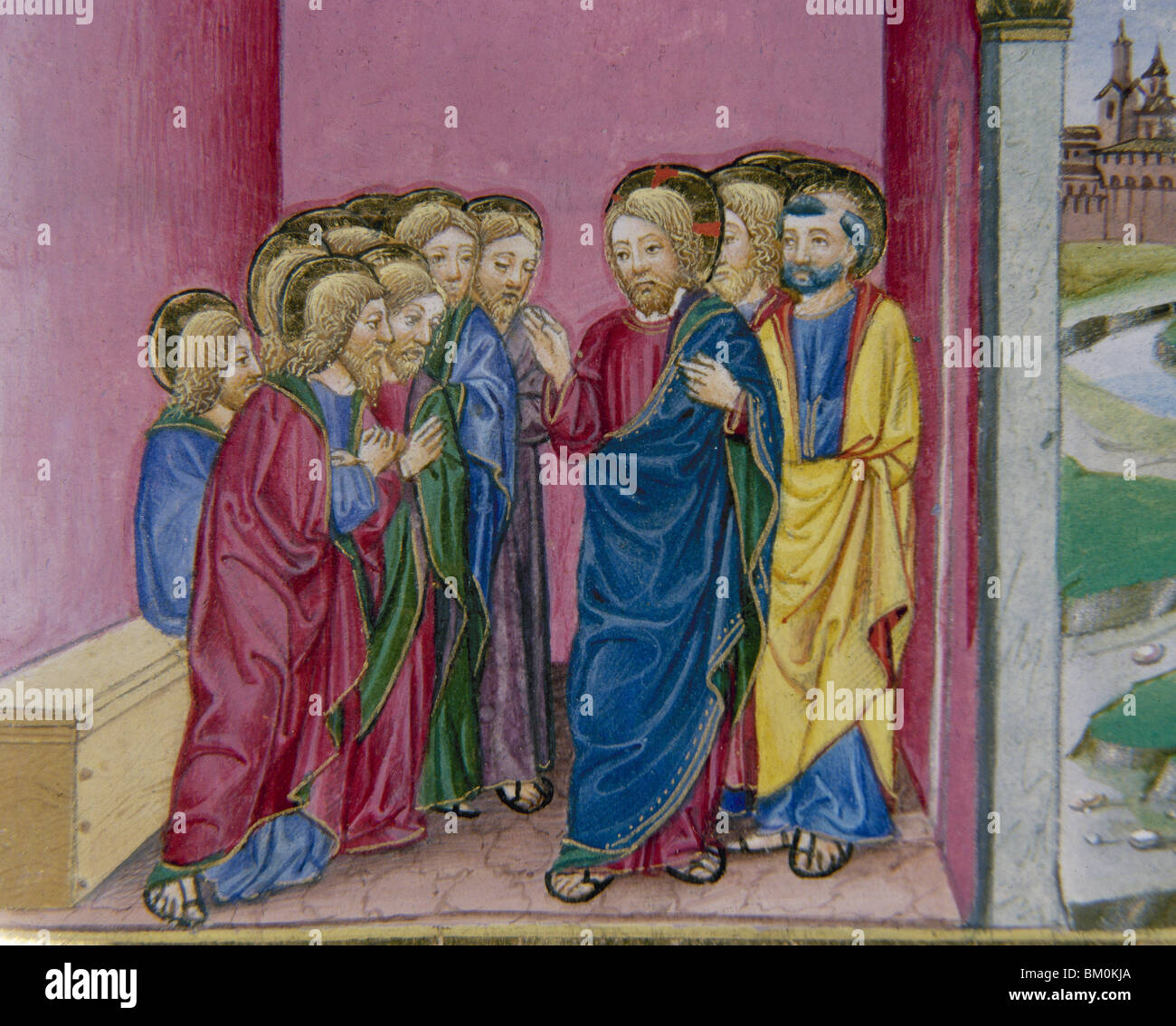 Jésus prédit que Peter va le trahir trois fois. Pages enluminées du Codex de Predis (1476). Bibliothèque royale. Turin. L'Italie. Banque D'Images