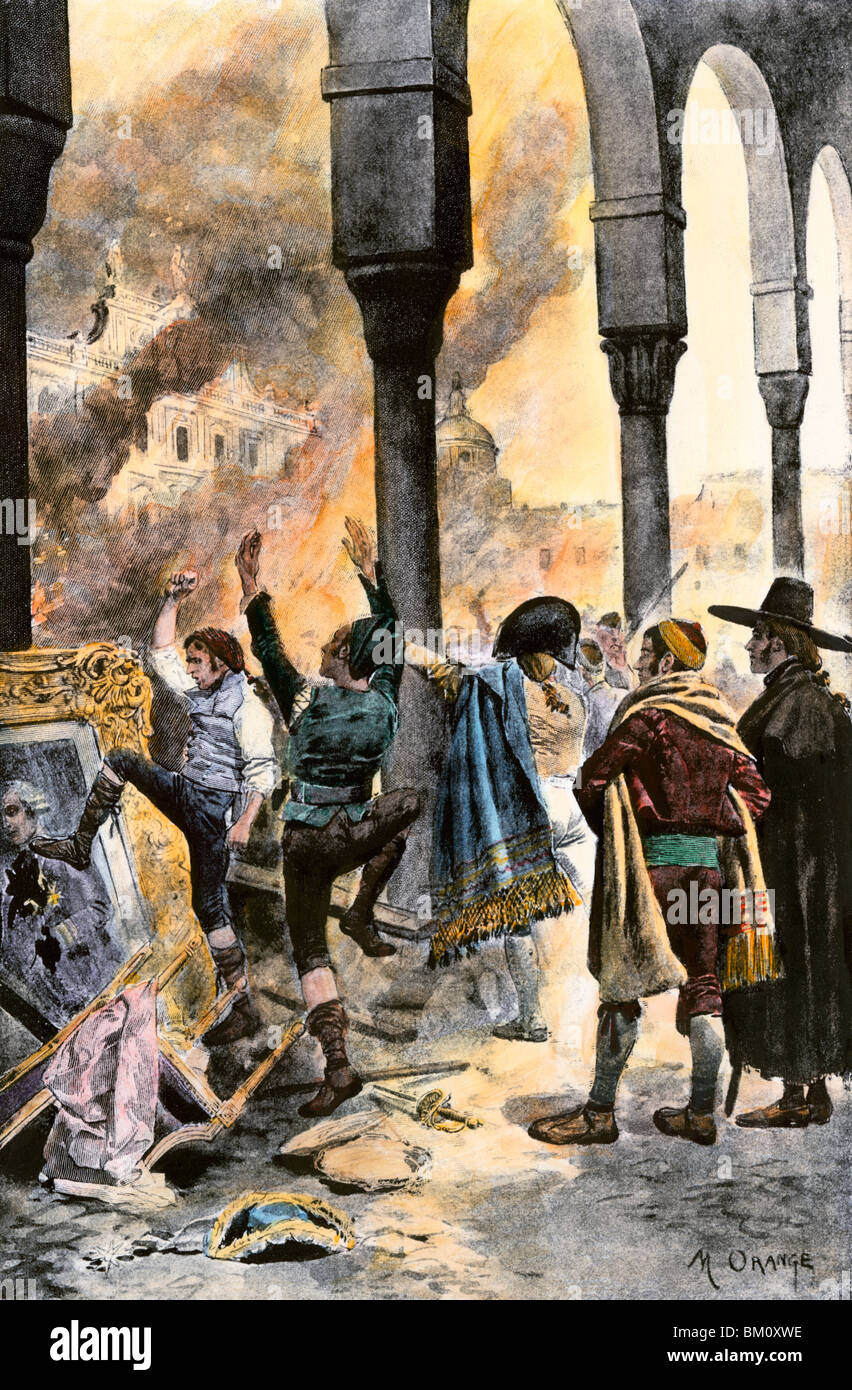 Population de Madrid Résidence gravure de Godoy après la défaite de l'Espagne à Trafalgar dans les guerres napoléoniennes. À la main, gravure sur bois Banque D'Images