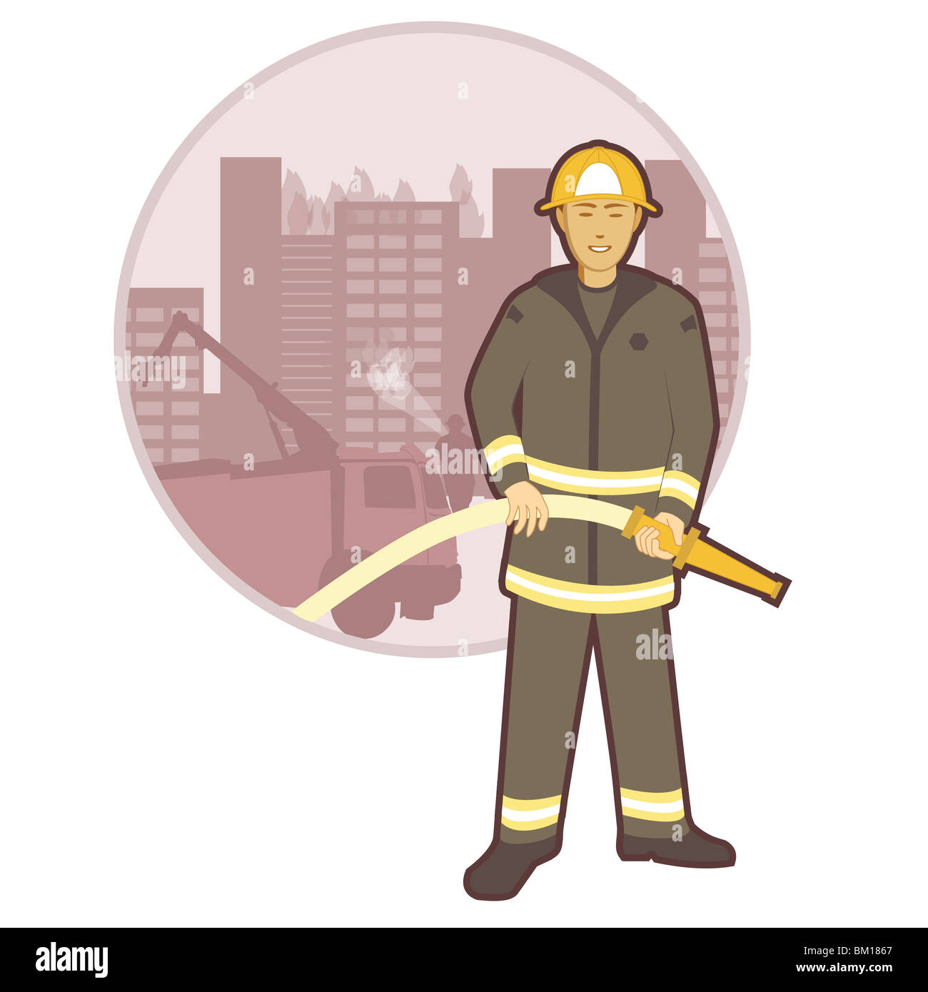 Fireman standing avec un tuyau flexible Banque D'Images