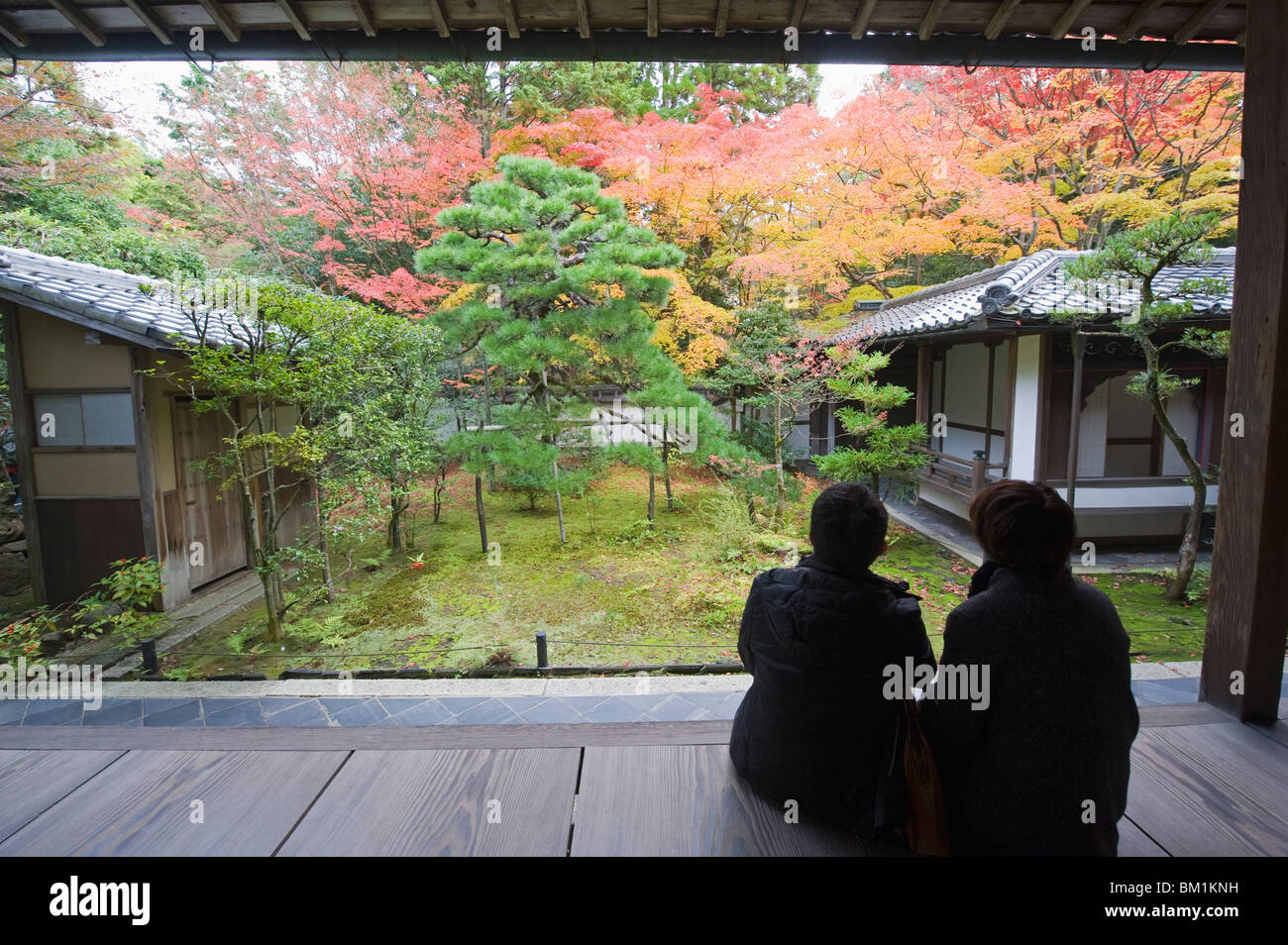 Un couple en contemplant les couleurs de l'automne, Koto en temple Zen datant de 1601, à l'intérieur de Daitokuji temple principal, Kyoto, Japon Banque D'Images