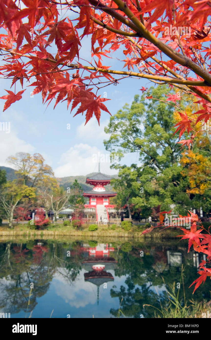Sur l'étang, pagode Osawa Daikaku ji (Daikakuji) Temple, datant de 876, zone Sagano, Kyoto, Japon, Asie Banque D'Images