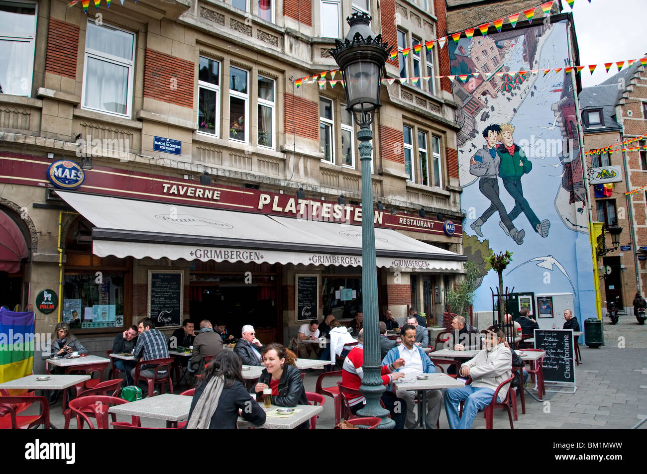 Plattestein Cafe wall painting Marche Au Charbon - Kolenmarkt Bruxelles Belgique Banque D'Images