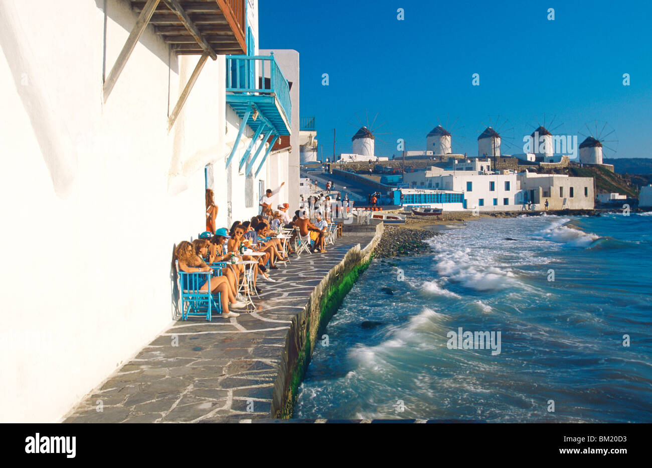 La petite Venise, Mykonos, Cyclades, îles grecques, Grèce, Europe Banque D'Images