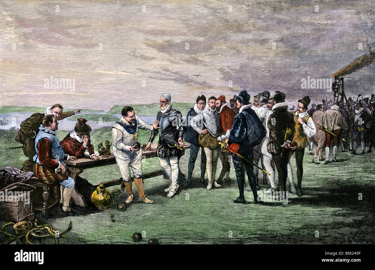 Les officiers de marine anglais jouant un jeu de boules avant d'attaquer l'Armada espagnole, 1588. À la main, gravure sur bois Banque D'Images