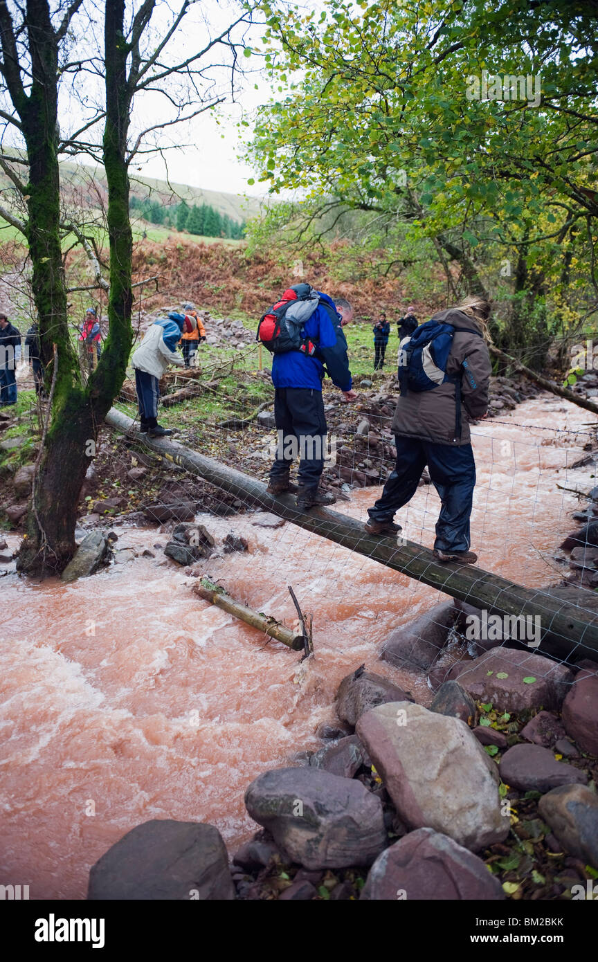 Les randonneurs traversant une rivière gonflée, le Parc National des Brecon Beacons, dans le sud du Pays de Galles, Royaume-Uni Banque D'Images