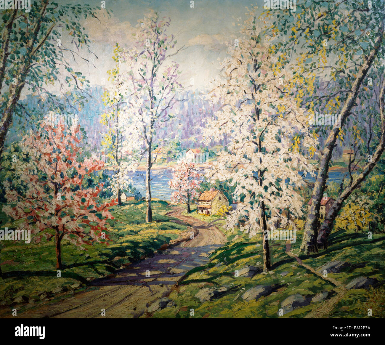 Le printemps le long de la Maine par Carol Sirak, huile sur toile, (1906-1976), Etats-Unis, New York, Philadelphie, David David Gallery Banque D'Images