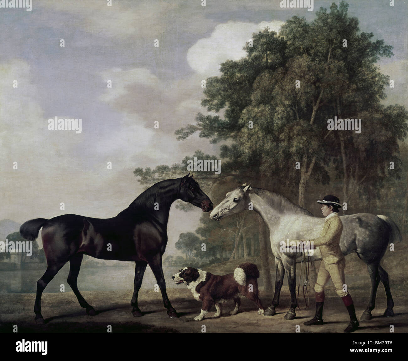 Garçon avec deux chevaux nad chien, image peinte Banque D'Images