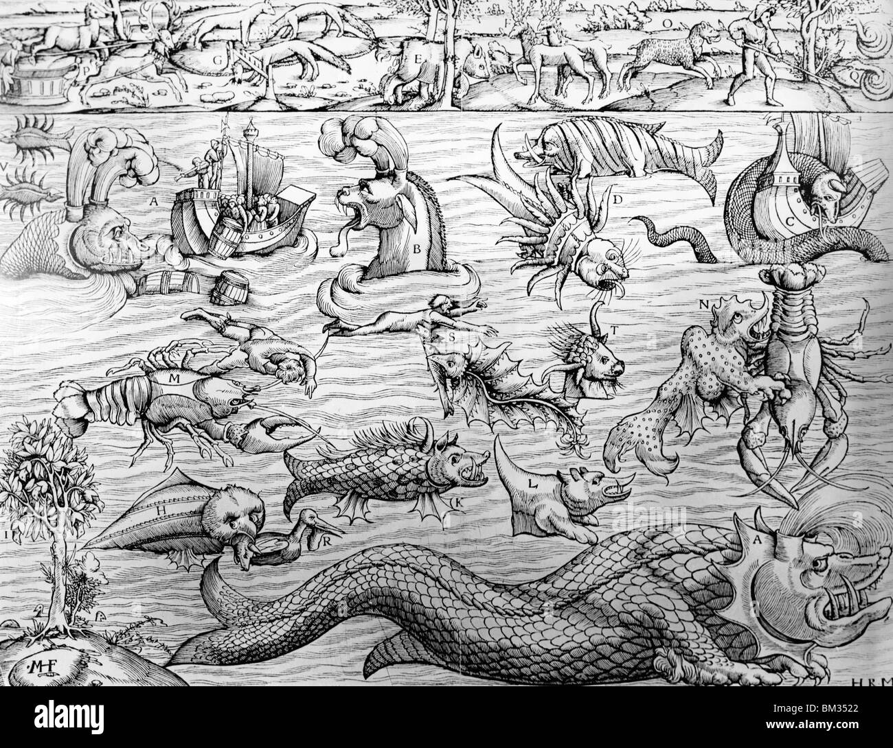 La nourriture pour la peur, les serpents de mer à l'enfer des bombes, des créatures mythologiques par peintre inconnu, artiste inconnu Banque D'Images