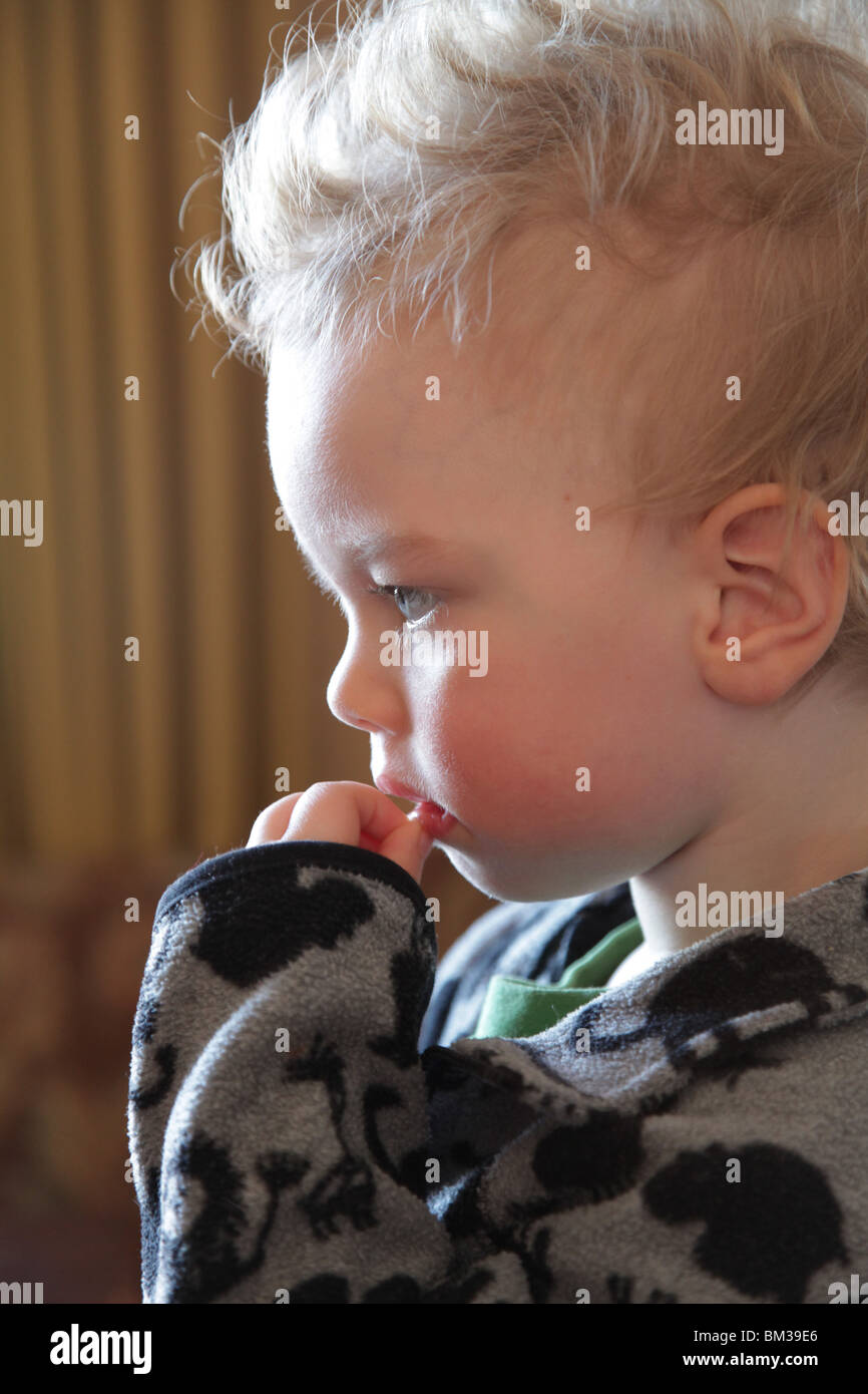 Un enfant de deux ans Bébé garçon enfant touche bas profil boucles des  cheveux blonds bouclés cute tirez tire tirant la main modèle bouche lèvre  publié Photo Stock - Alamy