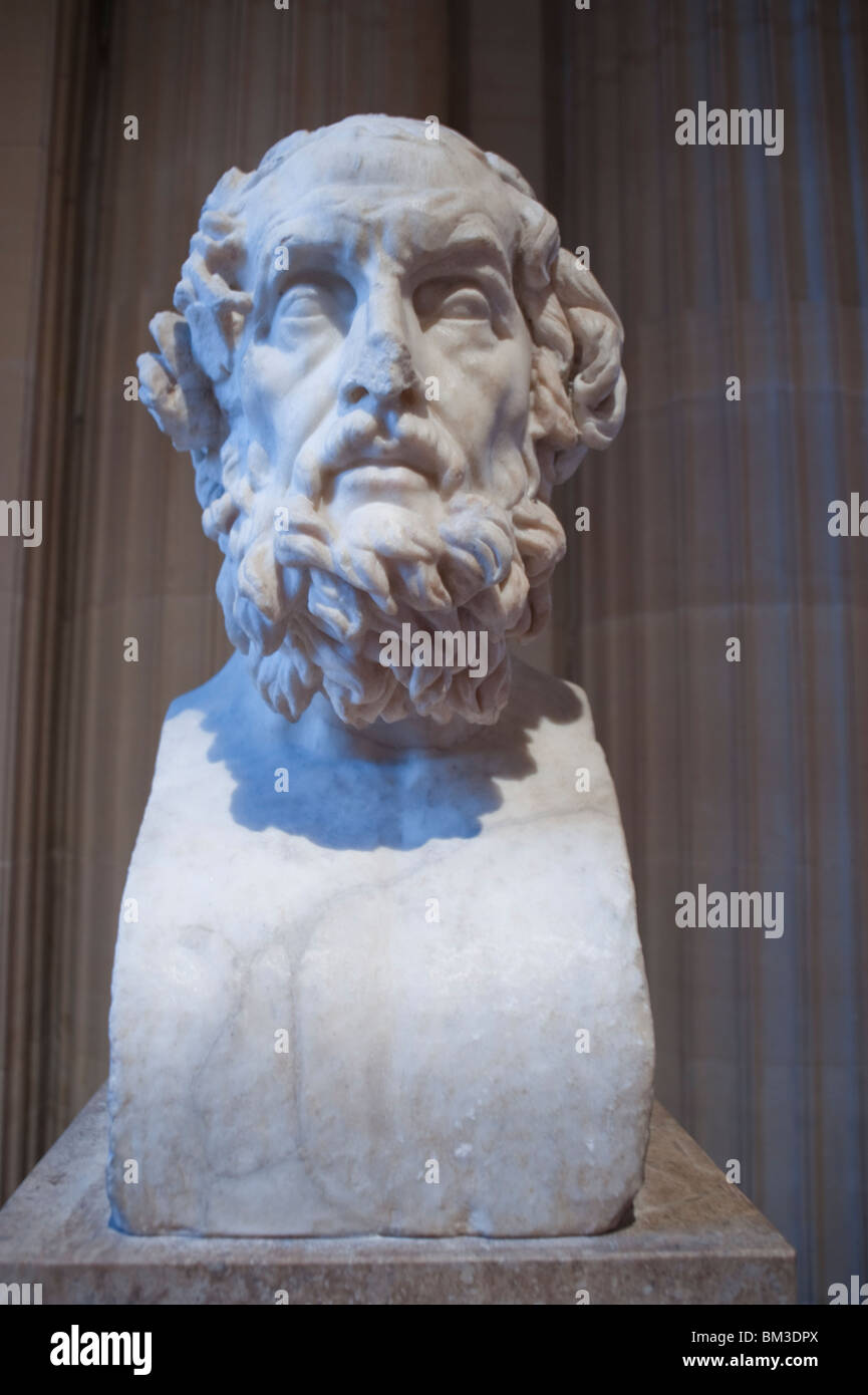 Sculptures en marbre, Portrait, détail, tête d'homme, Statue d'un Dieu grec, Musée du Louvre, Paris, France Banque D'Images
