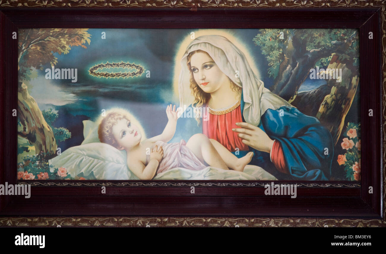 Châssis avec un tirage de la Vierge avec l'Enfant Jésus, ville de Castaño del Robledo, province de Huelva, Andalousie, Espagne Banque D'Images