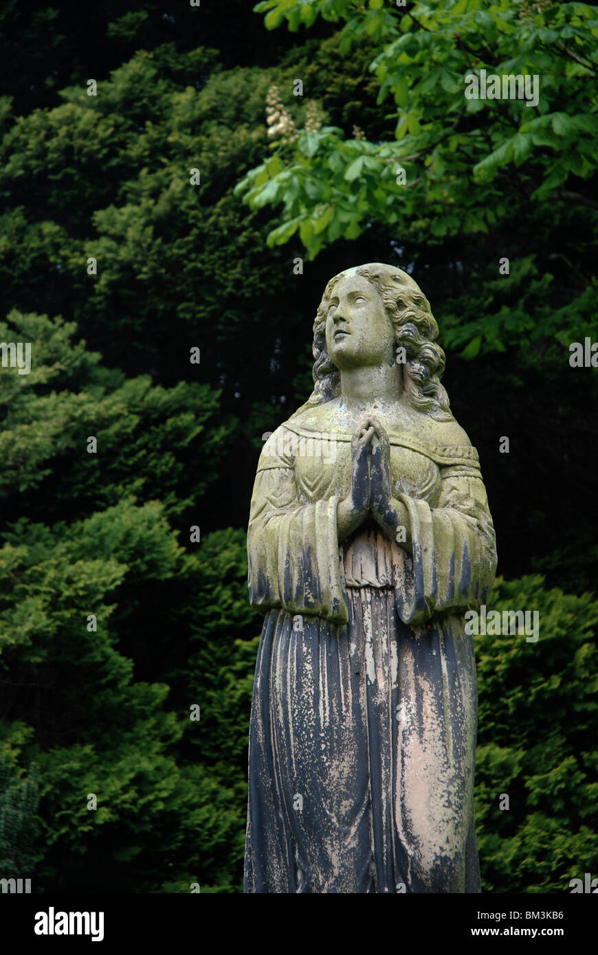 Statue de femme victorienne avec elle les mains jointes en prière sur un fond d'arbres dans le cimetière, doyen d'Édimbourg. Banque D'Images