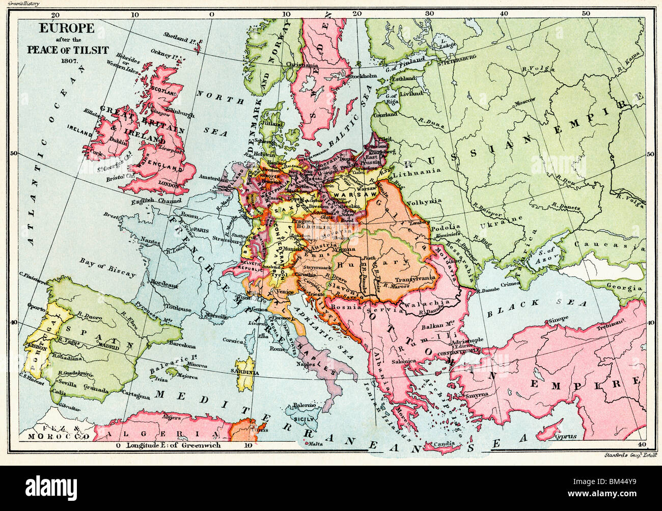 Carte de l'Europe après la paix de Tilsit en 1807. Banque D'Images