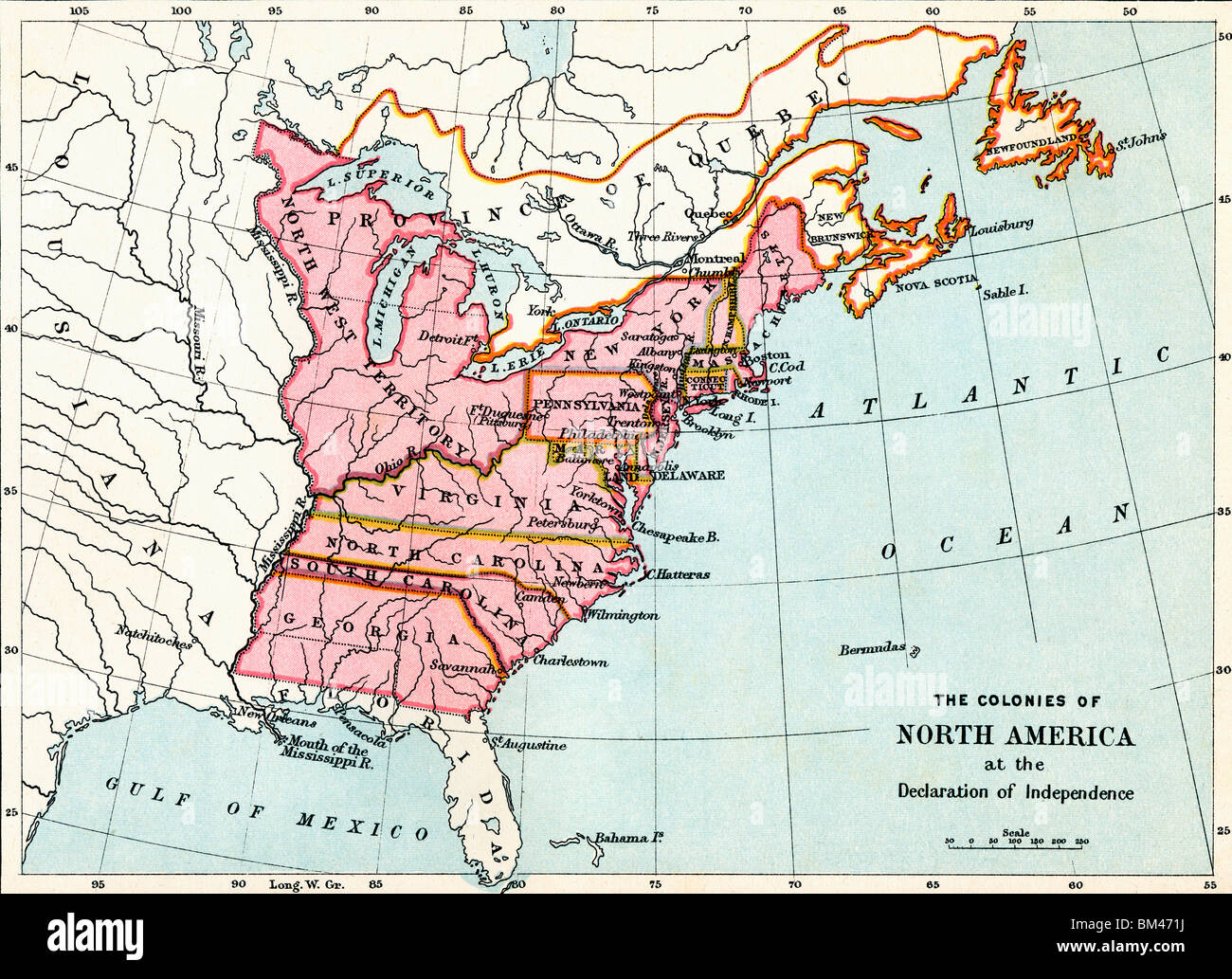 La carte des colonies d'Amérique du Nord à la déclaration d'indépendance, 1776. Banque D'Images