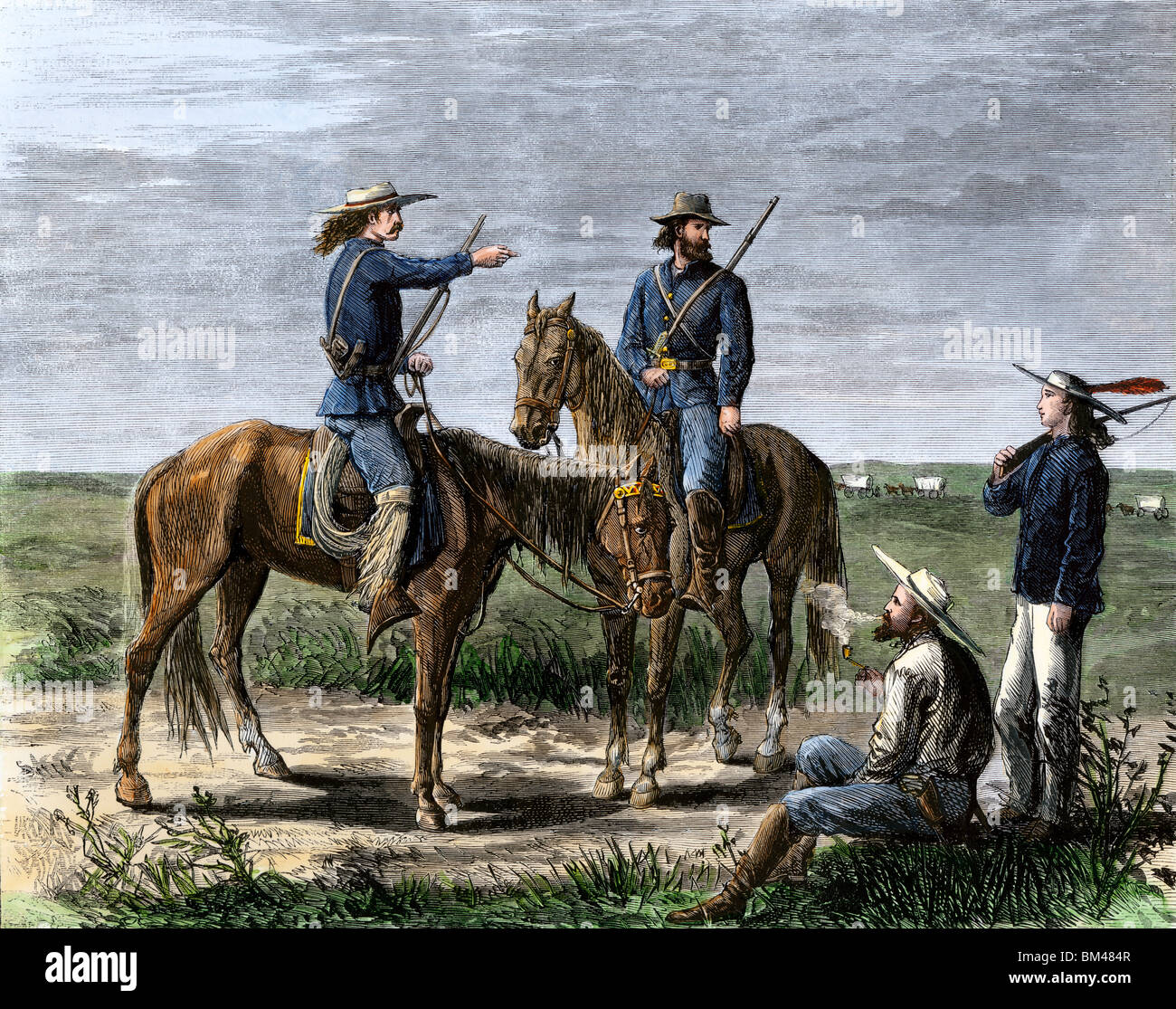 Le général Custer's scouts pendant la soulèvements Autochtones américains dans les Grandes Plaines, les années 1860. À la main, gravure sur bois Banque D'Images