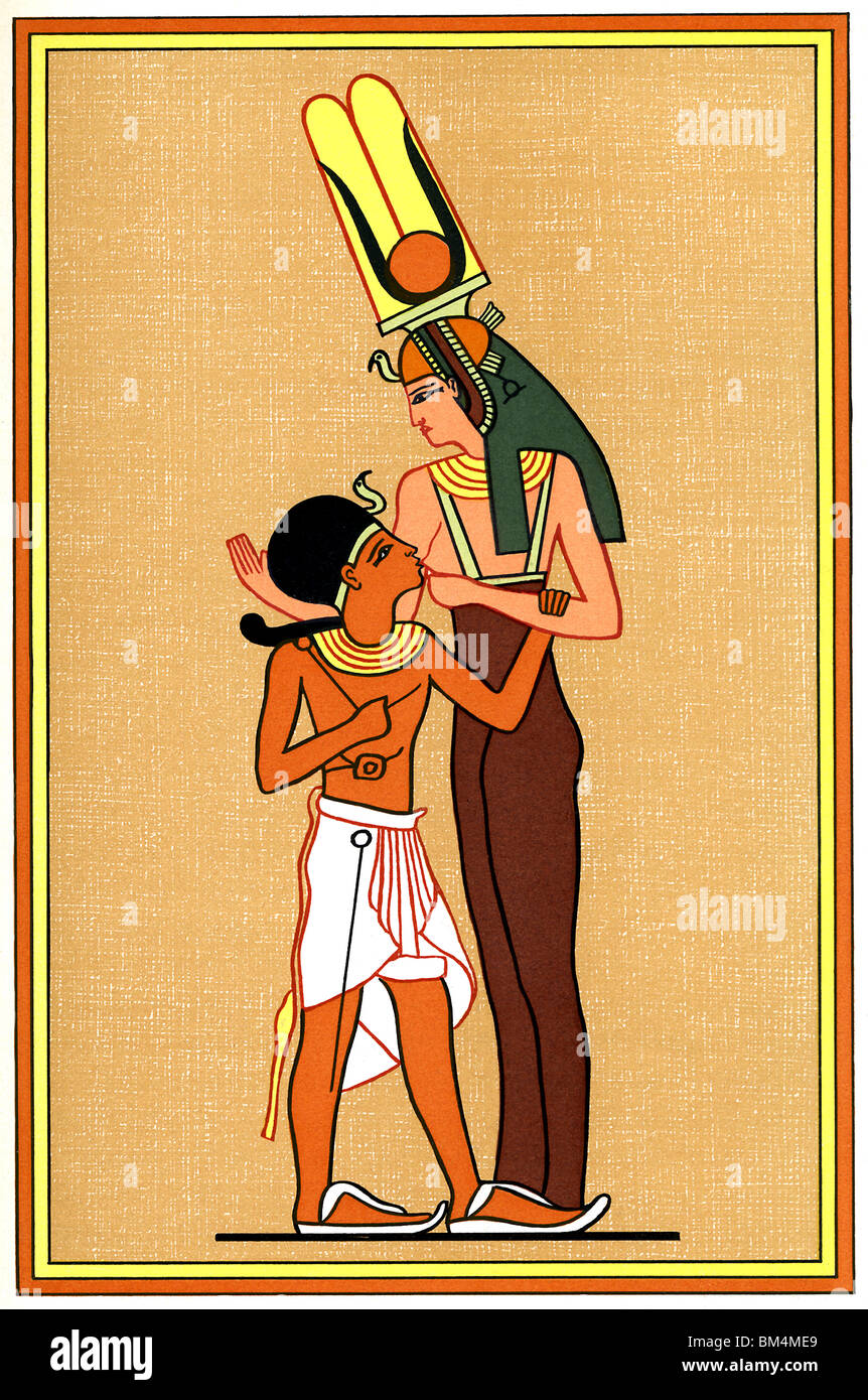 Dans cette peinture de mur égyptien, Isis, la déesse mère (à droite) son fils Horus nichons, représenté ici comme presque un adulte. Banque D'Images