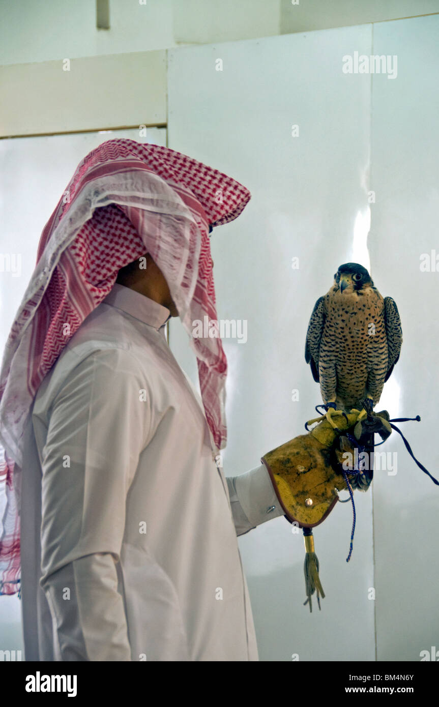 Qatar, Doha, Centre Falcon, falcon et handler Banque D'Images