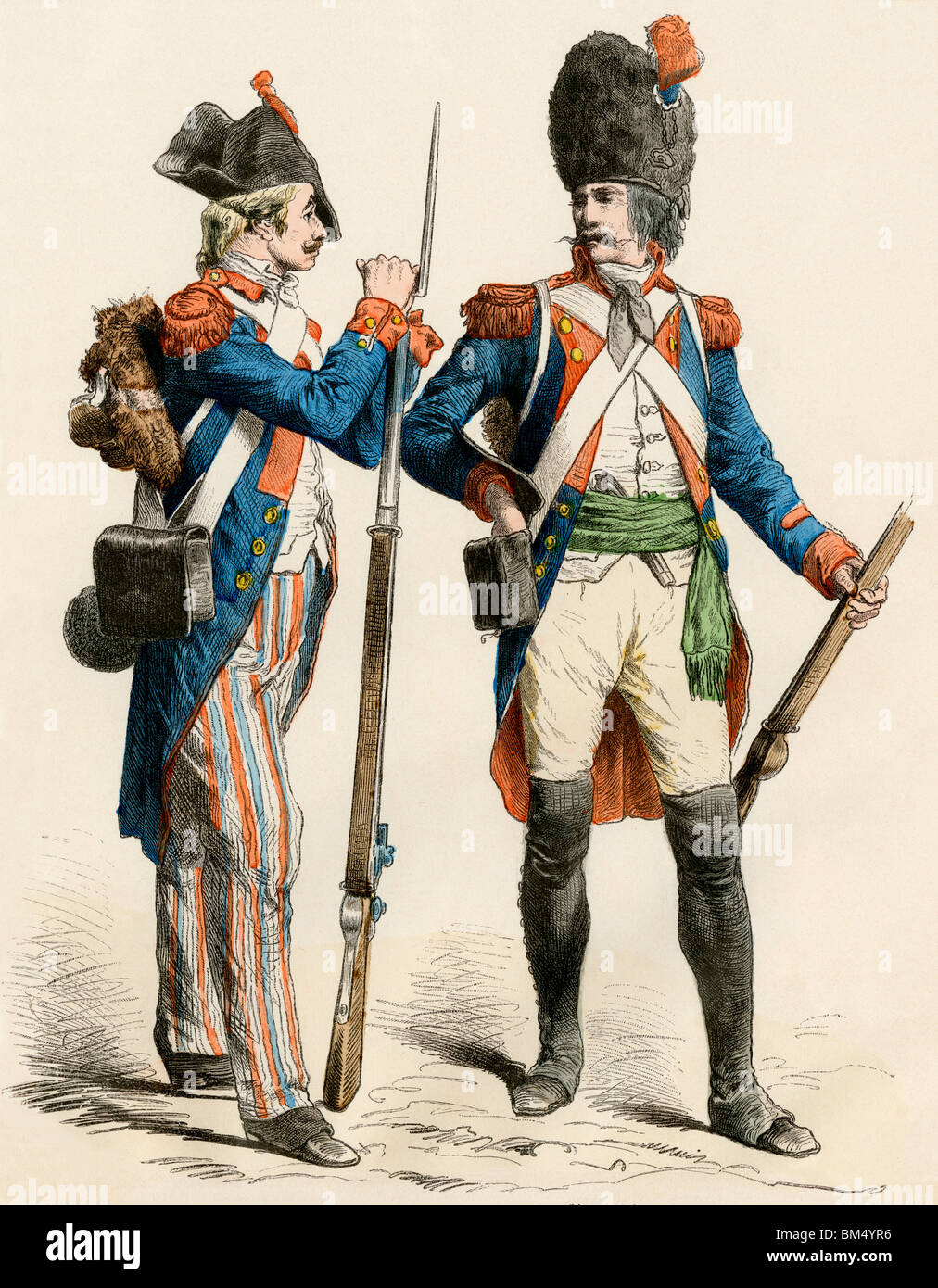 Soldat d'infanterie française de 1799 et d'un grenadier de 1795. Impression couleur à la main Banque D'Images