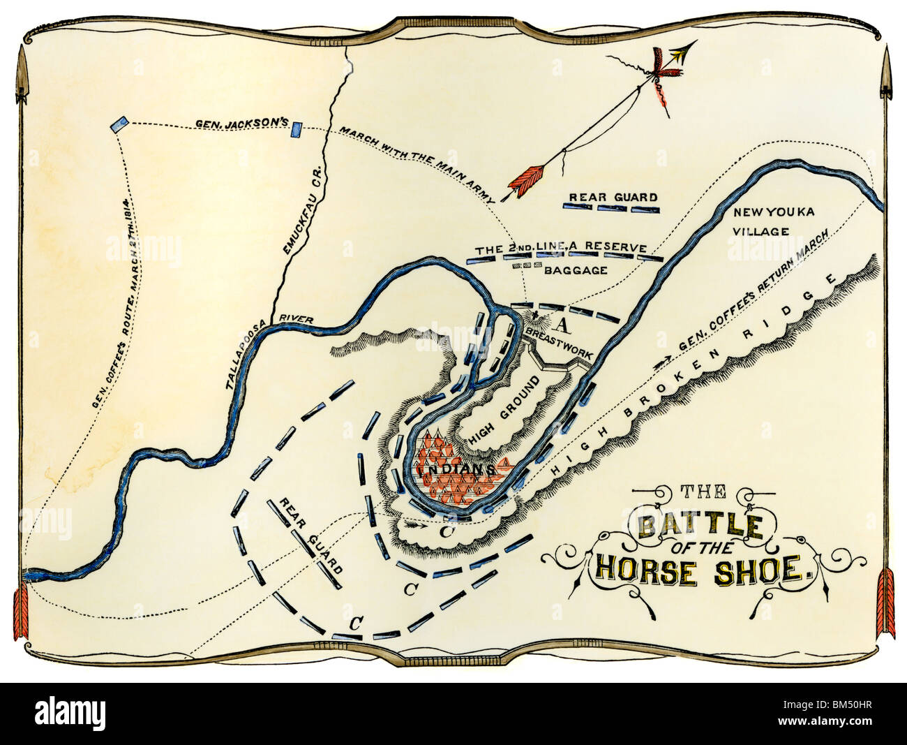 Schéma de la bataille de Horseshoe Bend en Alabama, la guerre de 1812. À la main, gravure sur bois Banque D'Images