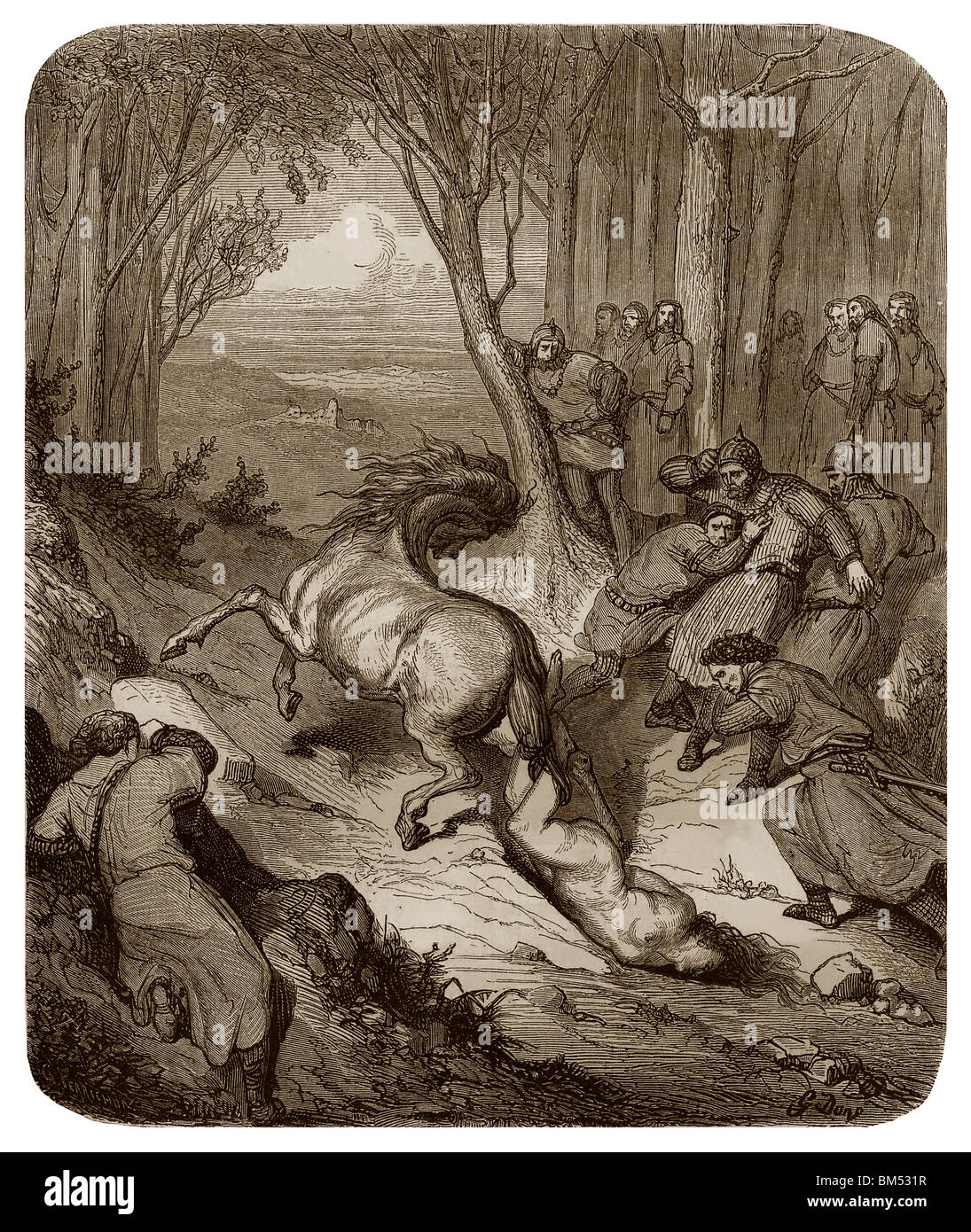 En 613, Brunhilda était liée à la queue d'un cheval sauvage et son corps était alors membre après membre déchiré et brûlé dans Jancigny. Banque D'Images