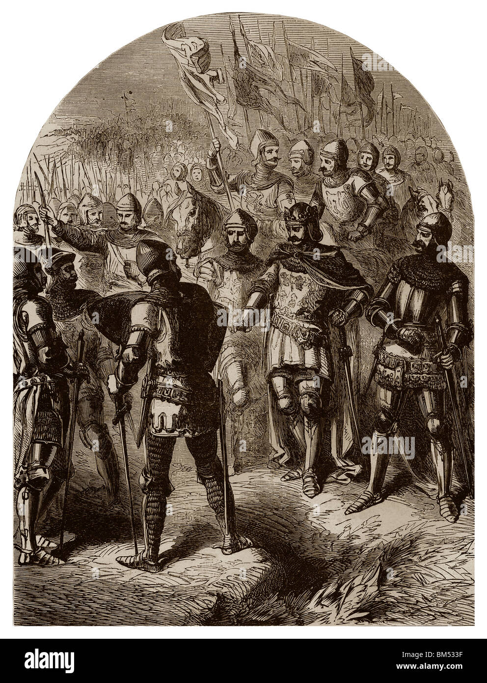 En 1415, près de Nesle, les princes français fait demander au roi Henri V d'Angleterre pour la journée et le lieu d'une bataille en champ ouvert. Banque D'Images